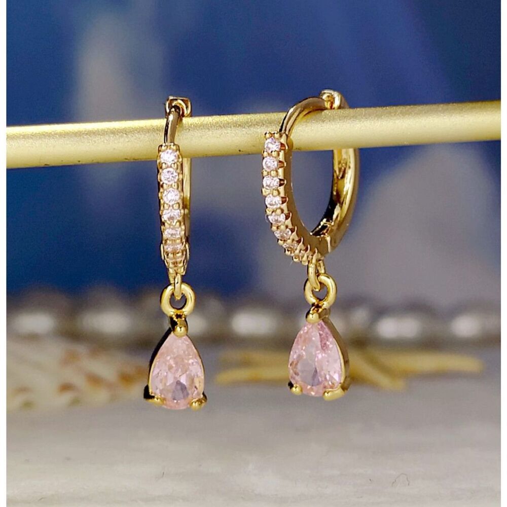 Pink Zirconia Teardrop Crystal Drop Hoop Earrings Gold Dangle Gemstone Pendant